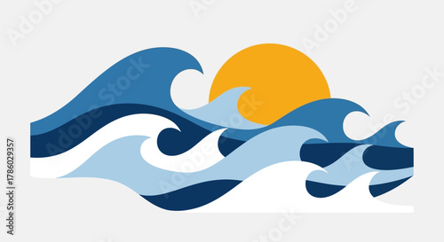 Stylized Ocean Waves and Sun Illustration.