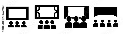 Black and white illustration of people in front of different shaped doorways and openings