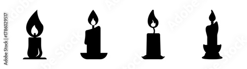 Black and white candle vector illustration set, wax candles with flame, burning candle design element