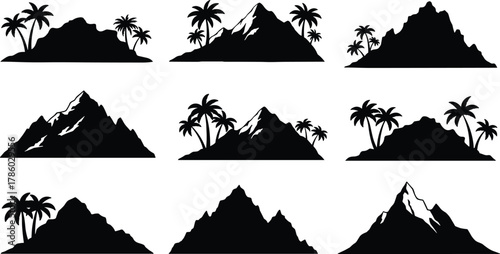 Mountain silhouettes with palm trees and snow-capped peaks vector illustration for nature, adventure, travel, tourism, tropical vacation, outdoor lifestyle, logo design inspiration