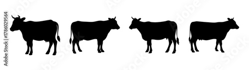 Black silhouette of four cows standing in a row cattle livestock farm animals graphic art vector illustration