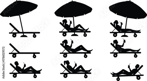 Lounge chair silhouettes with umbrellas and drinks, summer vacation relaxation vector illustration for tourism, leisure, holiday travel lifestyle, resort design inspiration content