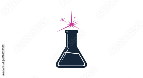 A dark blue laboratory flask with a liquid inside and bright pink sparkles emanating from the top on a white background