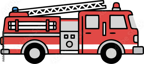 Flat Modern Fire Truck Vector – Side View Emergency Vehicle with Ladder