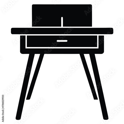Illustration of a black desk with a drawer and a computer