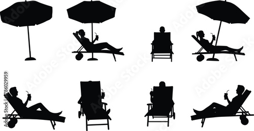 Silhouettes of people relaxing on lounge chairs with drinks under beach umbrellas, summer vacation vector illustration for leisure, tourism, holiday travel lifestyle design inspiration