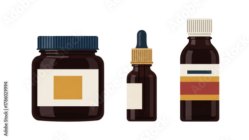 Flat Design Illustration of Generic Medicine Bottles, Vials, and Dropper Jar for Health and Wellness