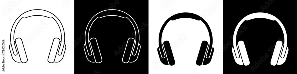 Fototapeta premium Four variations of headphones, showcasing different color schemes and outlines, arranged in a row.