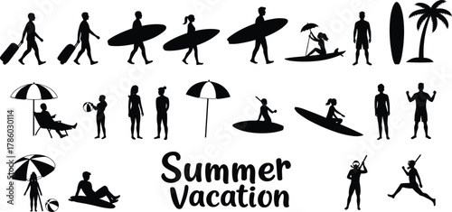 Summer vacation silhouette collection, tropical beach activity vector illustration, people surfing walking relaxing, leisure lifestyle icons, coastal holiday design, black silhouette art set