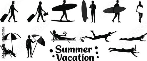 Summer vacation silhouettes with people walking, surfing, swimming, snorkeling, relaxin
