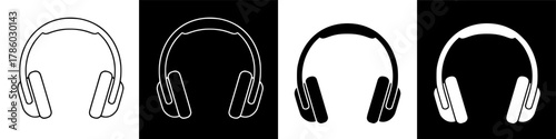 Four variations of headphones, showcasing different color schemes and outlines, arranged in a row.