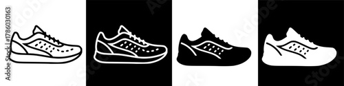 Four variations of a running shoe illustrated in contrasting black and white.