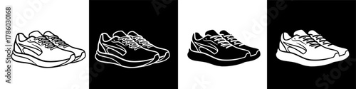 Four variations of running shoes, depicted in contrasting black and white, side views.