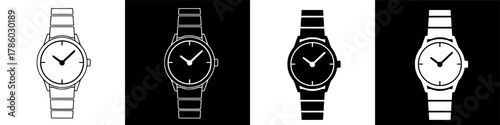 Four stylized illustrations of wristwatches, each with a different background color, black and white.