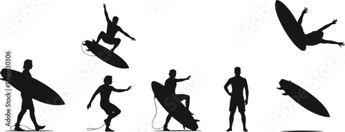 Surfer silhouettes with surfboards, dynamic surfing poses vector illustration, summer ocean sport artwork, beach lifestyle design, extreme water activity elements, black silhouette style