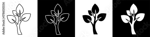 Four variations of a tree sapling icon, alternating between black and white backgrounds and outlines.