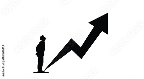 Silhouette of a man looking up at a sharp upward trending arrow symbolizing growth and success