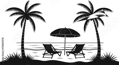 Tropical beach scene silhouettes with palm trees, lounge chairs, umbrella, ocean waves vector illustration for summer vacation, tourism, leisure, holiday travel lifestyle design inspiration