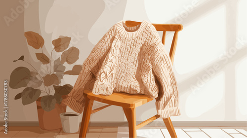 Knitted sweater resting on a chair in a cozy winter scene, flat vector illustration 