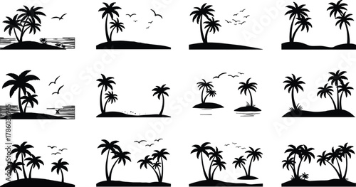 Tropical island silhouettes with palm trees, birds in flight, ocean waves, exotic landscape vector illustration, summer vacation design, paradise nature elements, black artwork
