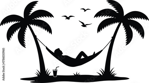Tropical hammock silhouette, palm tree vector illustration, summer vacation relaxation design, outdoor leisure icons, holiday resort furniture, beach paradise elements, black and white