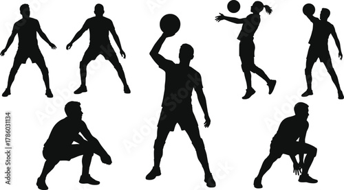 Volleyball player silhouettes in dynamic action poses, jumping, blocking, serving, receiving,