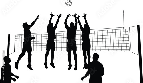Volleyball silhouette of six players in competitive match at net, four jumping to block and spike, dynamic court action, teamwork, athletic energy