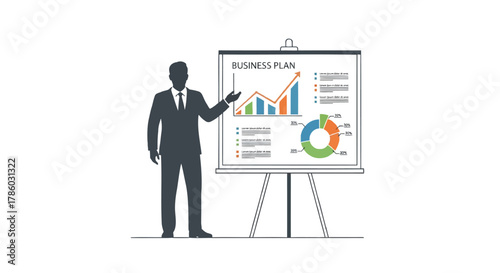 Business professional presenting a business plan with charts and graphs on a whiteboard easel