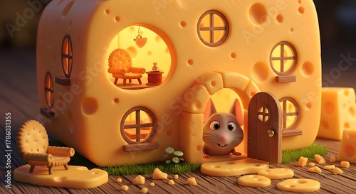 A whimsical cheese house with a cute mouse peeking out, surrounded by cheese furniture and crumbs.