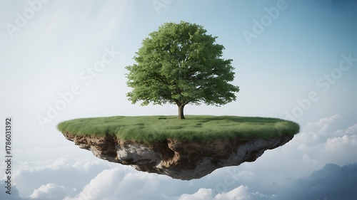 Solitary green tree on a grass-covered floating island with sky