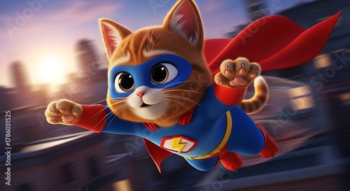 A cute cartoon ginger cat superhero with a blue mask and red cape flying over a city at sunset.