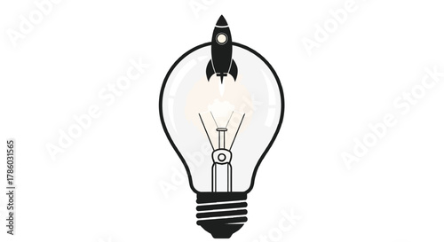 Black rocket launching from a glowing light bulb symbolizing a new idea or innovation taking flight