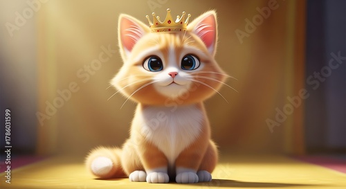 A cute, orange kitten with big blue eyes and a golden crown, sitting on a golden surface.