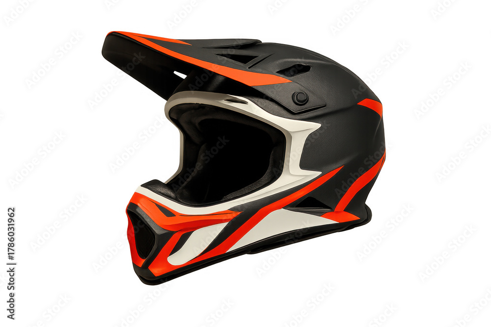 Fototapeta premium Black and orange full-face motocross helmet providing head protection for extreme sports, isolated on transparent background