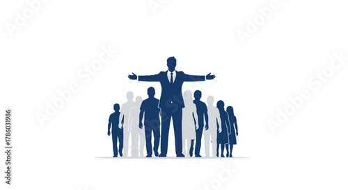 Silhouette of a confident businessman in a suit with arms outstretched leading a diverse group of people