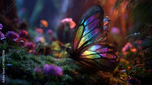 Ethereal butterfly on dewy blooms at dusk. AI image