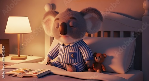 A cute cartoon koala in striped pajamas meditates peacefully on a bed before sleep, with a teddy bear and book nearby.