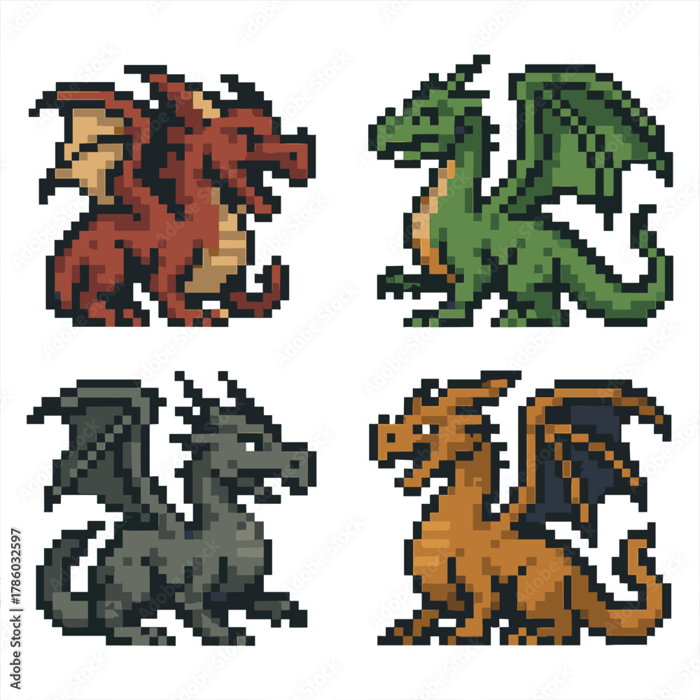 Fototapeta premium Dragon vector icons set in pixel style: mythical, fantasy, legendary symbols
