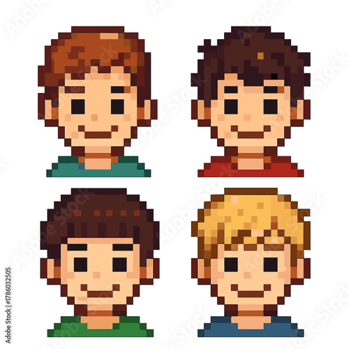 Boy faces vector icons set in pixel style. simple and youthful avatars