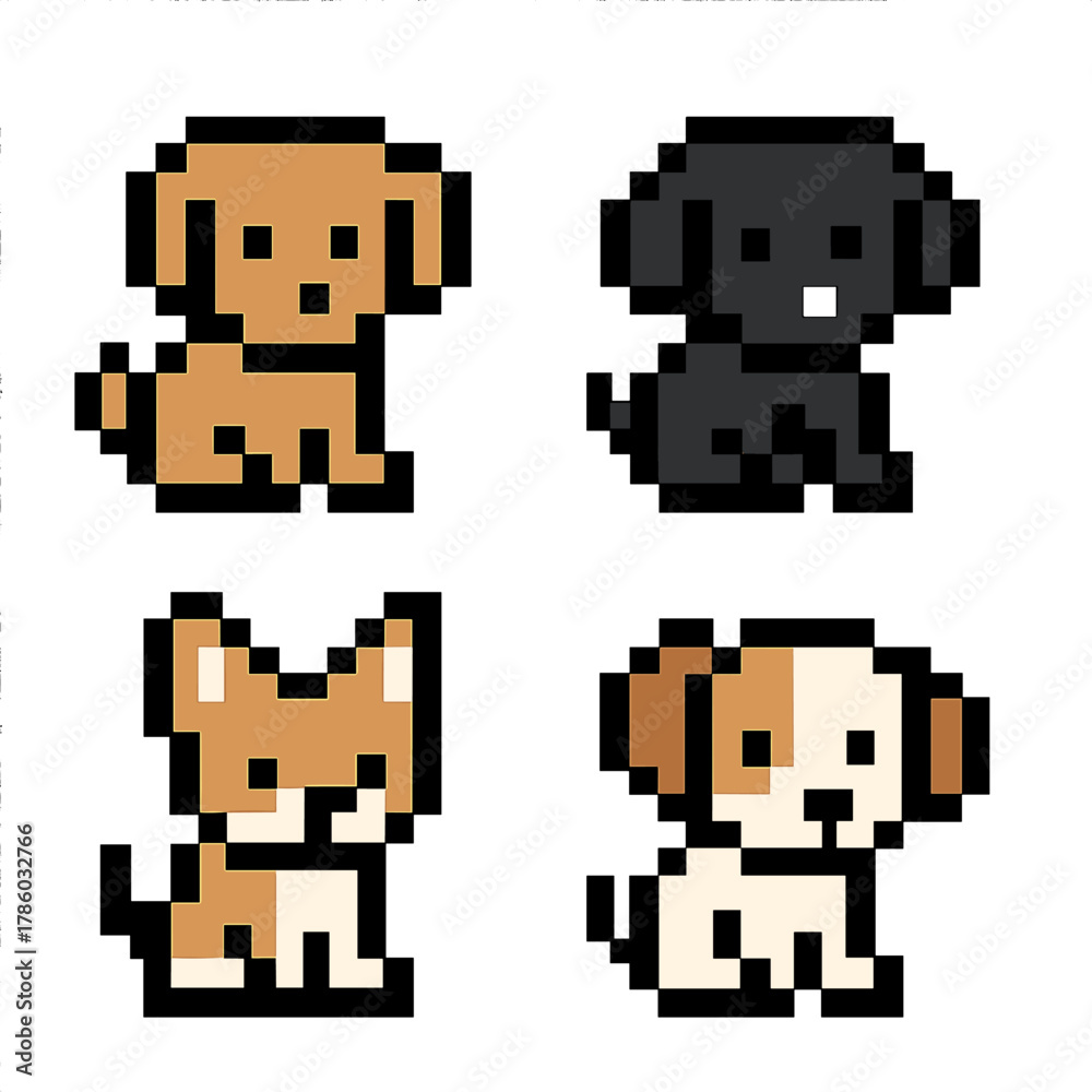 Fototapeta premium 8 bit puppy vector icons set: pixel style illustrations, dog graphics