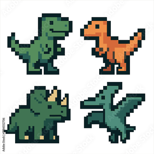 Pixel dinosaur vector icons set: simple, retro, gaming graphics for apps