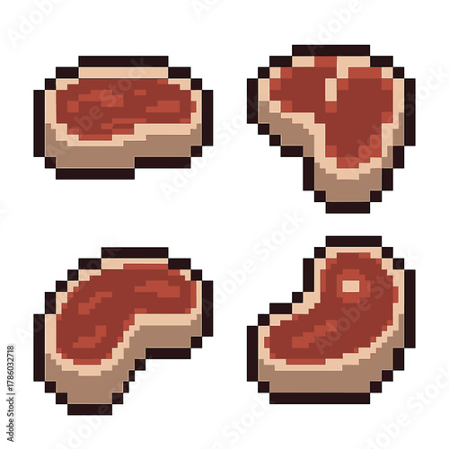 Steak pixel art icons set: meat, cuts, and butchery illustrations
