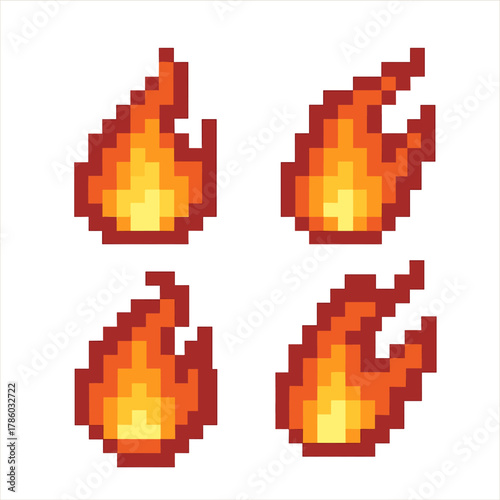 Fireball vector icons set in pixel style. flame and blaze symbols