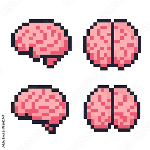 Brain vector icons set in pixel style. mind and intelligence simple symbols