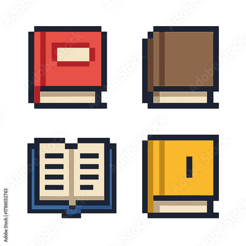 Book vector icons set in pixel style: simple, retro, library symbols