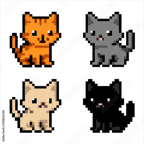 8 bit kitten vector icons set: simple and compose pixel style graphics