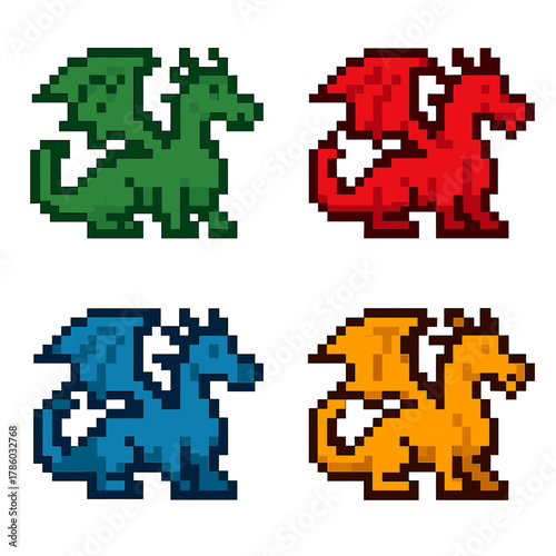 Fantasy dragons vector icons set in pixel style. mythical creatures and simple compositions