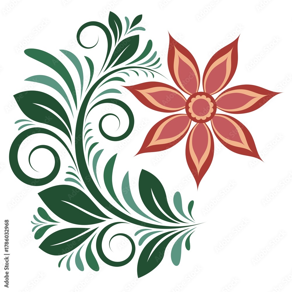 Fototapeta premium Decorative pattern with a single flower, swirls, and leaves in red and green tones on a white isolated background, Floral design element, Floral clipart.