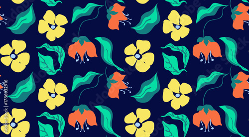 Tropical bloom pattern vibrant floral and leaf motif seamless botanical surface design.