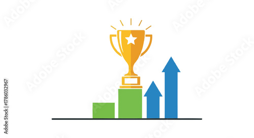 Golden trophy on podium with rising bar graph and arrows symbolizing success and growth